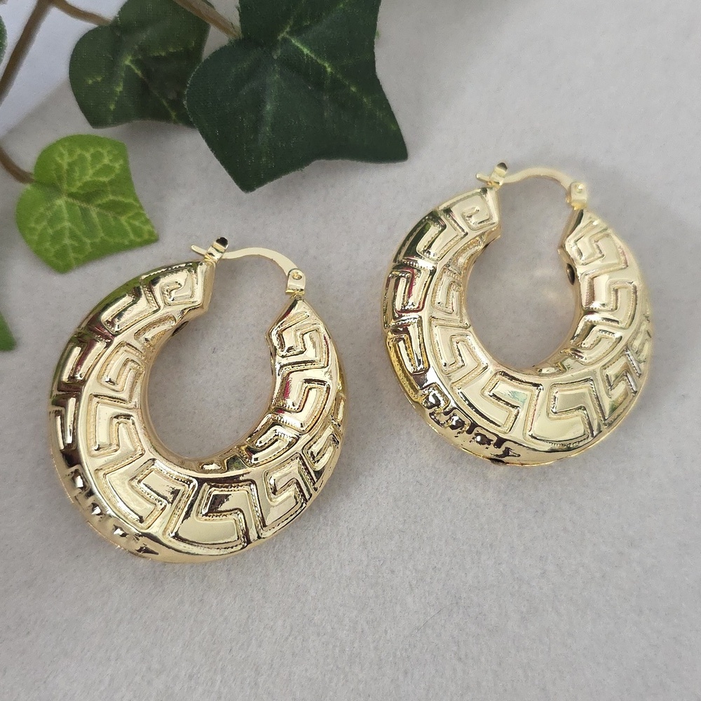 Gold Chunky Hoop Earrings with Twist Greek Key Design